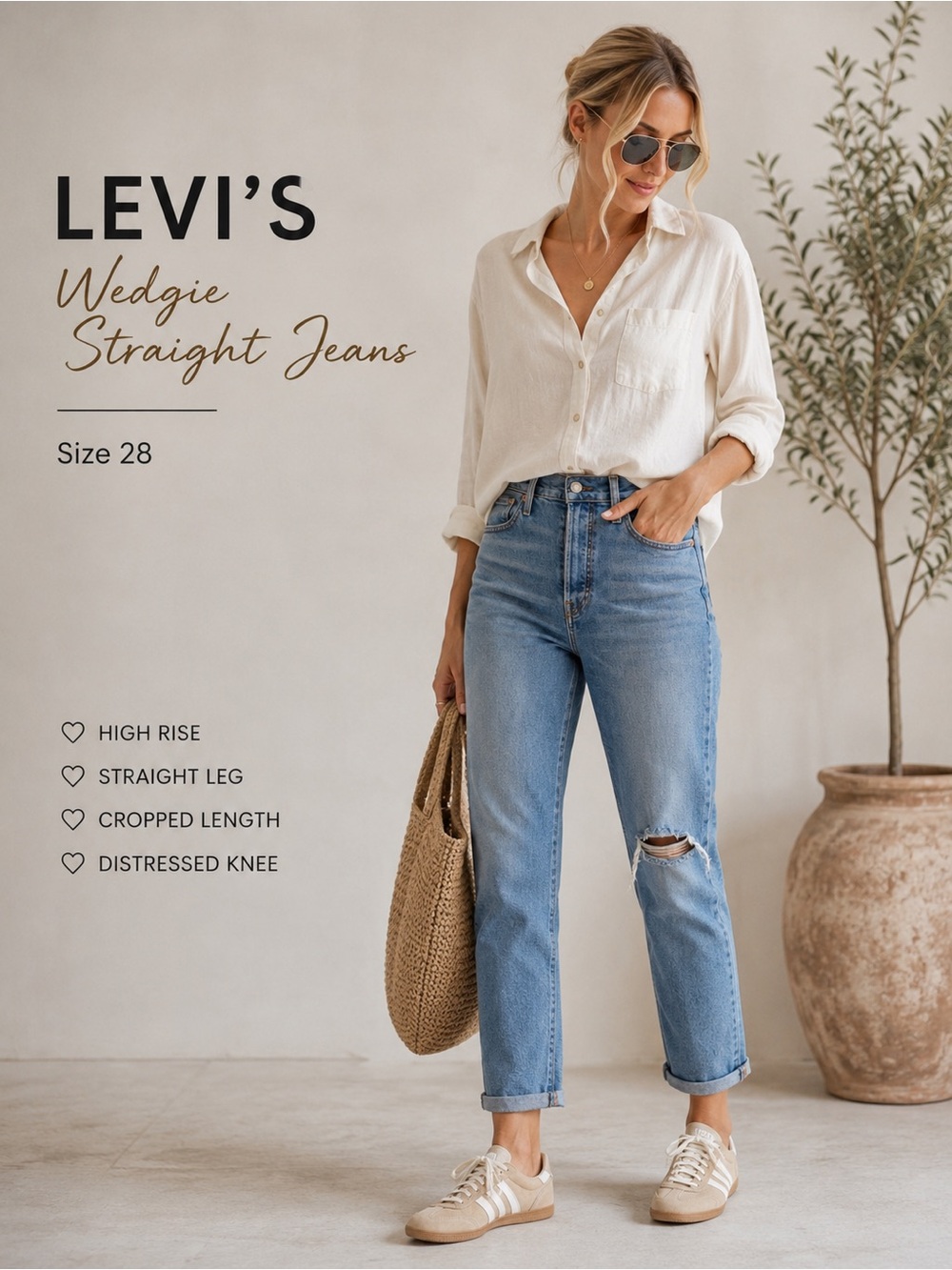 Levi’s Wedgie Straight Jeans Size 28 High Rise Button Fly Distressed Crop Denim